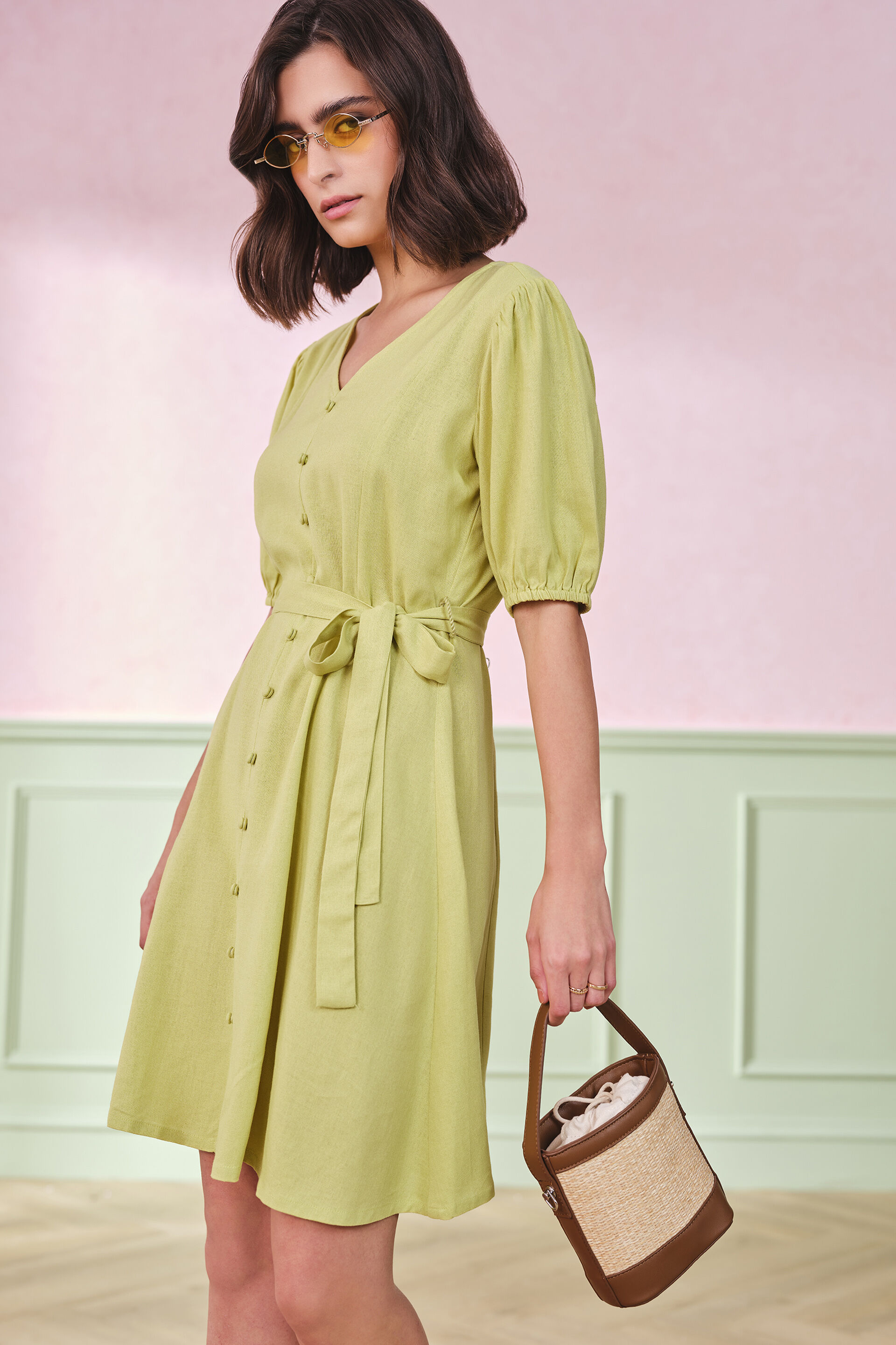 Chic in Crimson Lime Viscose Blend Dress, Lime, image 3